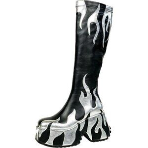 🆕Women Black Zipper High Heeled Flames Printing Chunky Sole Tall Round Boots